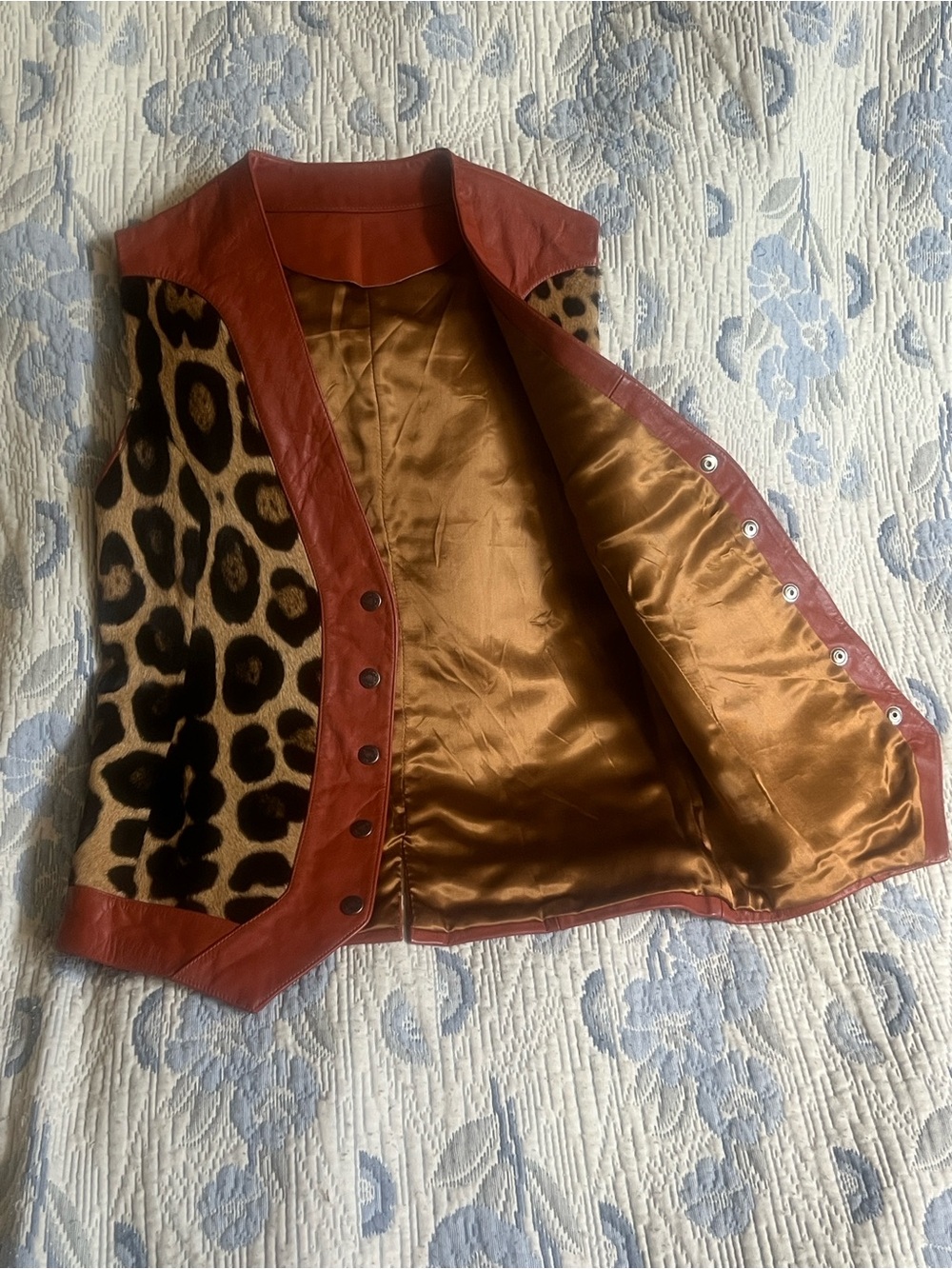Leather-Trim Leopard Print Fur Vest - Brown/Black/Burnt Orange - Picture 4 of 9